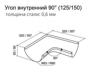 Угол желоба внутренний 90 градусов D125 мм  Grand Line, RAL 7024 серый